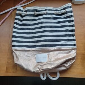 Victoria's Secret Striped Bag - Black and Gold Drawstring Backpack
